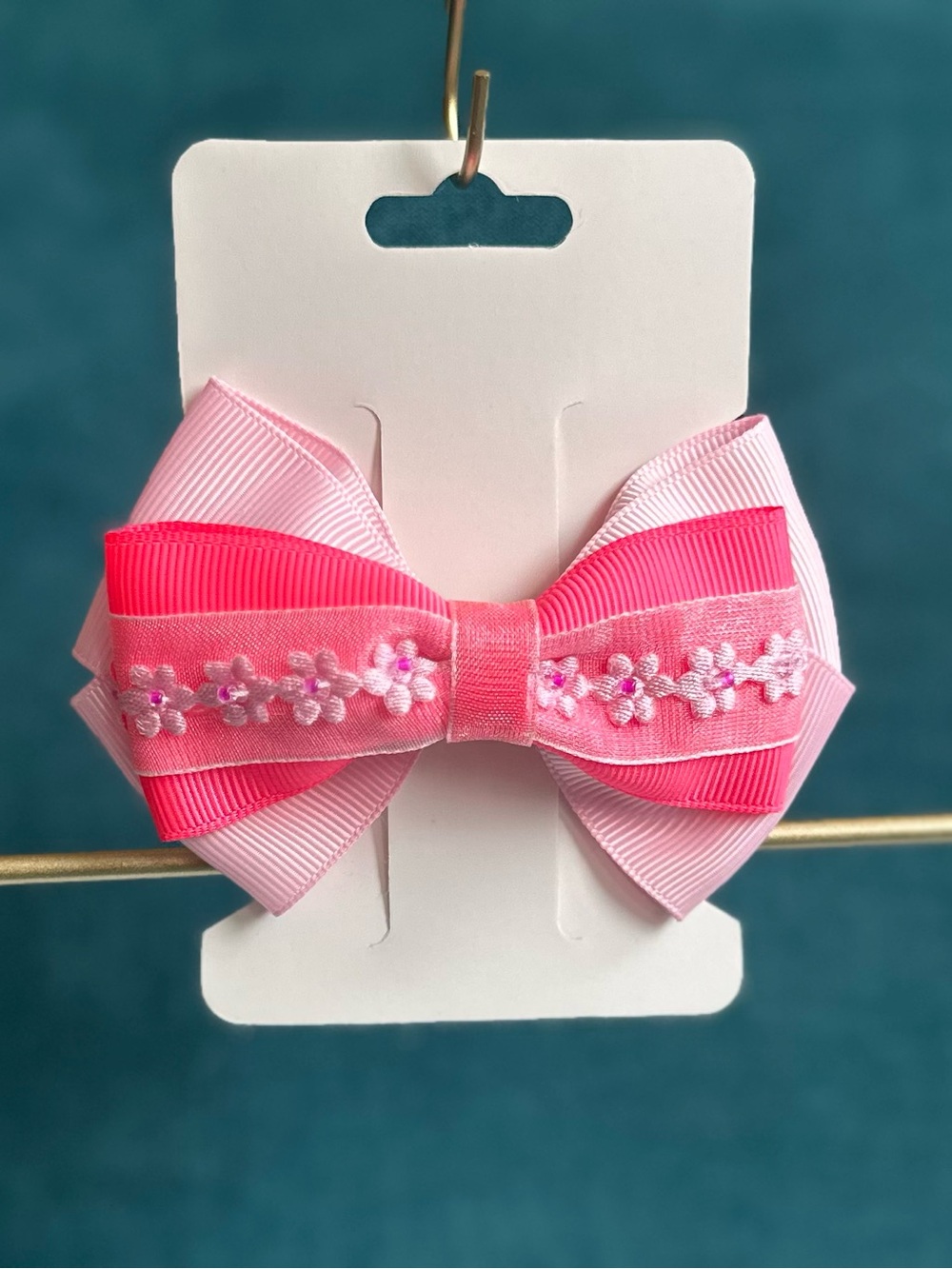 Handmade Pink Floral Embroidered Layered Hair Bow
